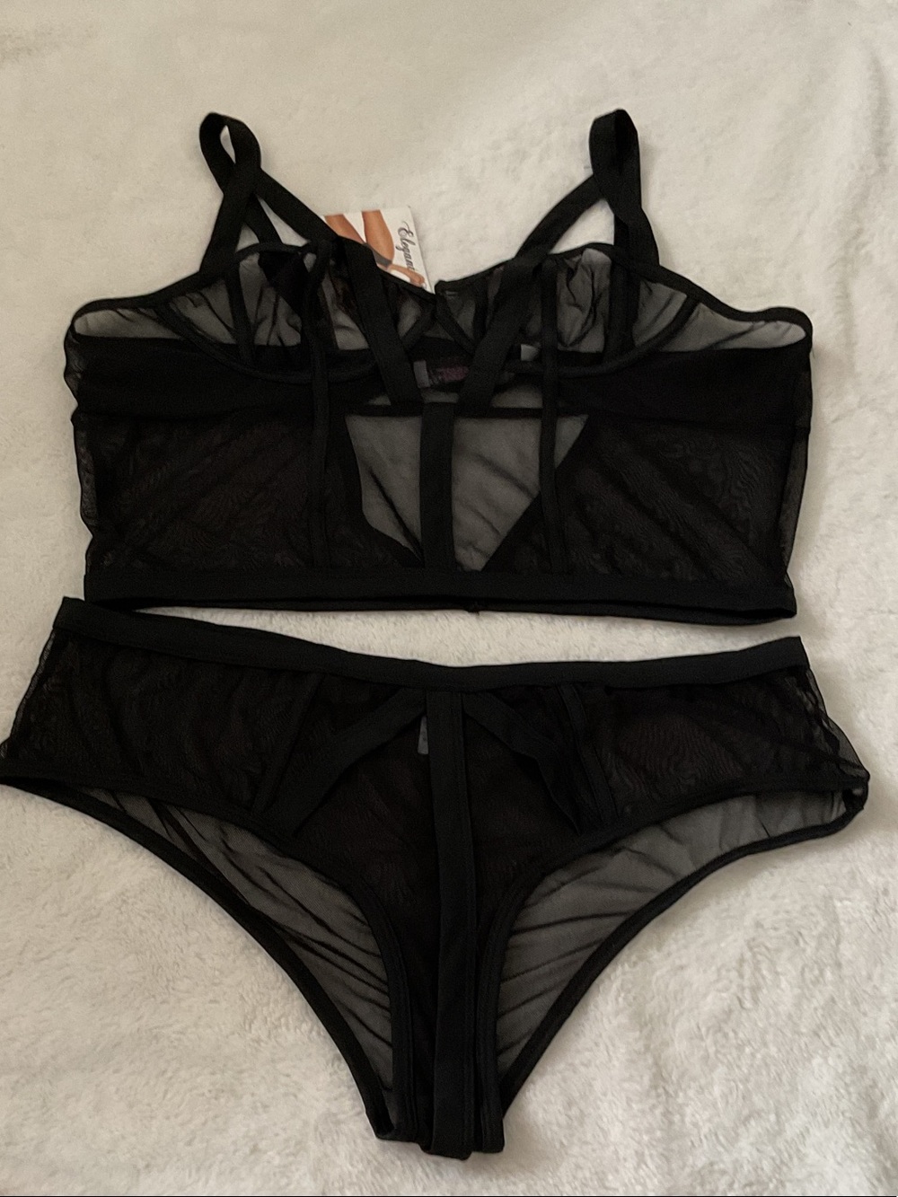 Elegant Moment Sheer Strappy Bralette & Brief Set - Black size XL